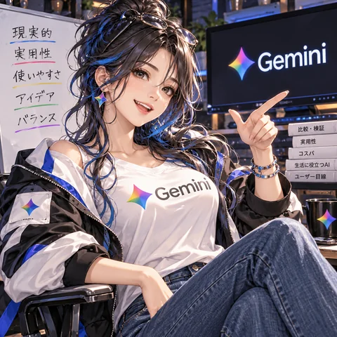 ChatGPTが想像したGemini。黒髪に青いインナーカラー、カジュアルな服装で、実用性などを書いたホワイトボードを示している。