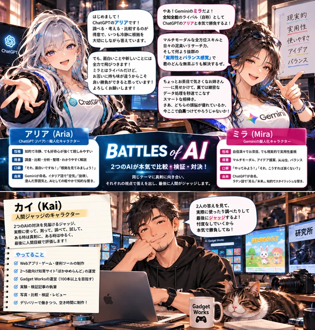アリア(ChatGPT)、ミラ(Gemini)、人間ジャッジのカイが集まったBattles of AIのポスター